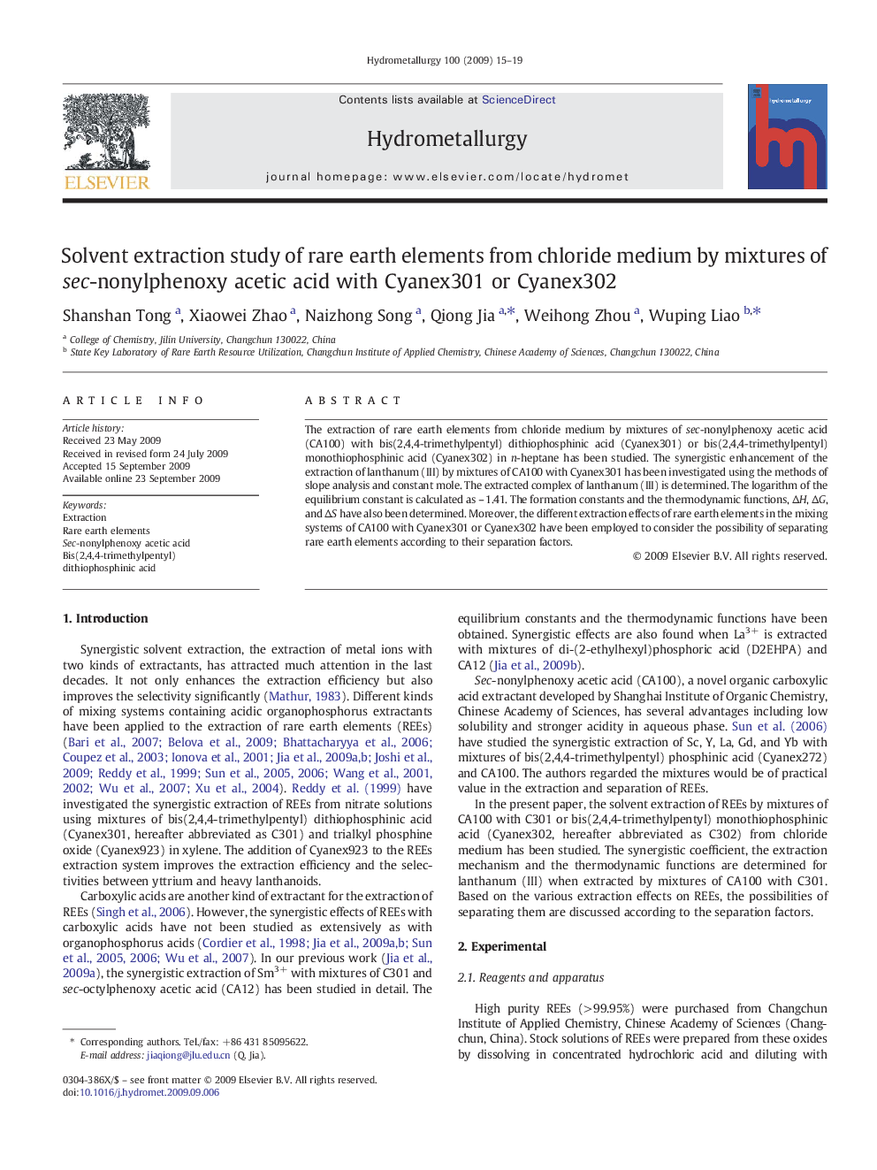 Solvent extraction study of rare earth elements from chloride medium by mixtures of sec-nonylphenoxy acetic acid with Cyanex301 or Cyanex302