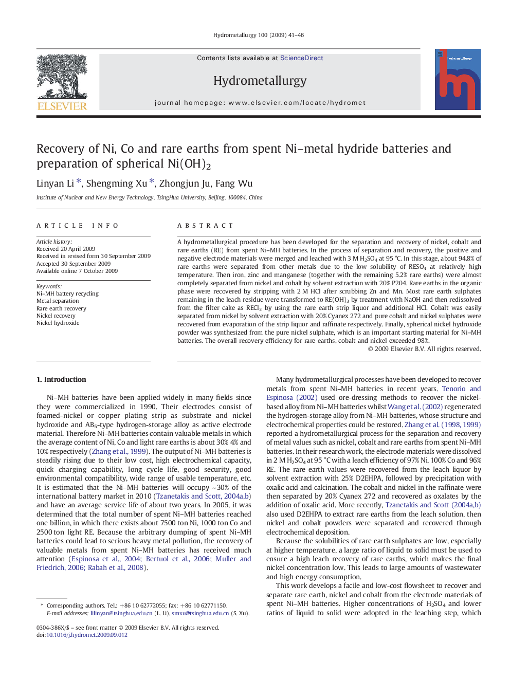 Recovery of Ni, Co and rare earths from spent Ni–metal hydride batteries and preparation of spherical Ni(OH)2