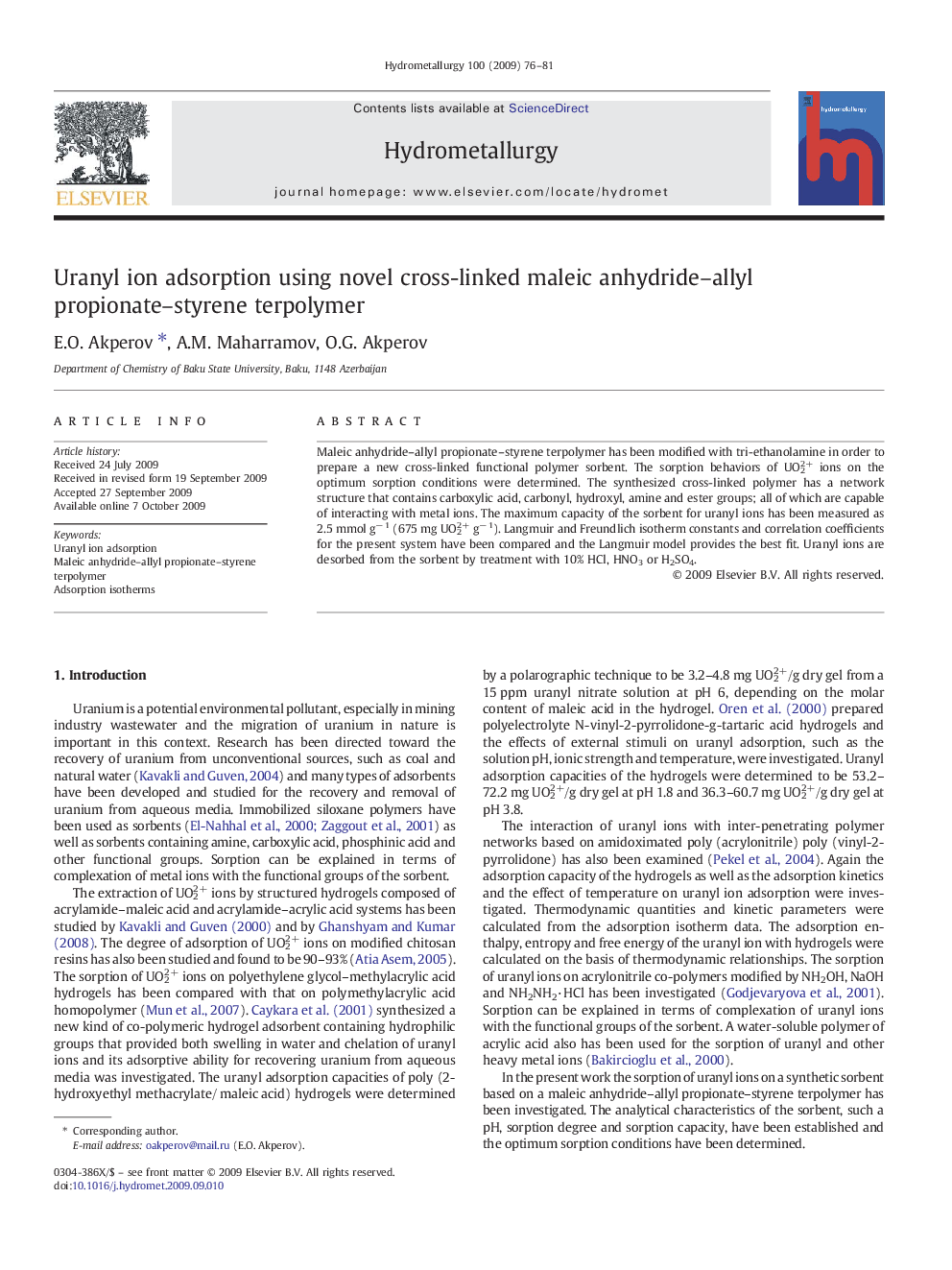 Uranyl ion adsorption using novel cross-linked maleic anhydride–allyl propionate–styrene terpolymer