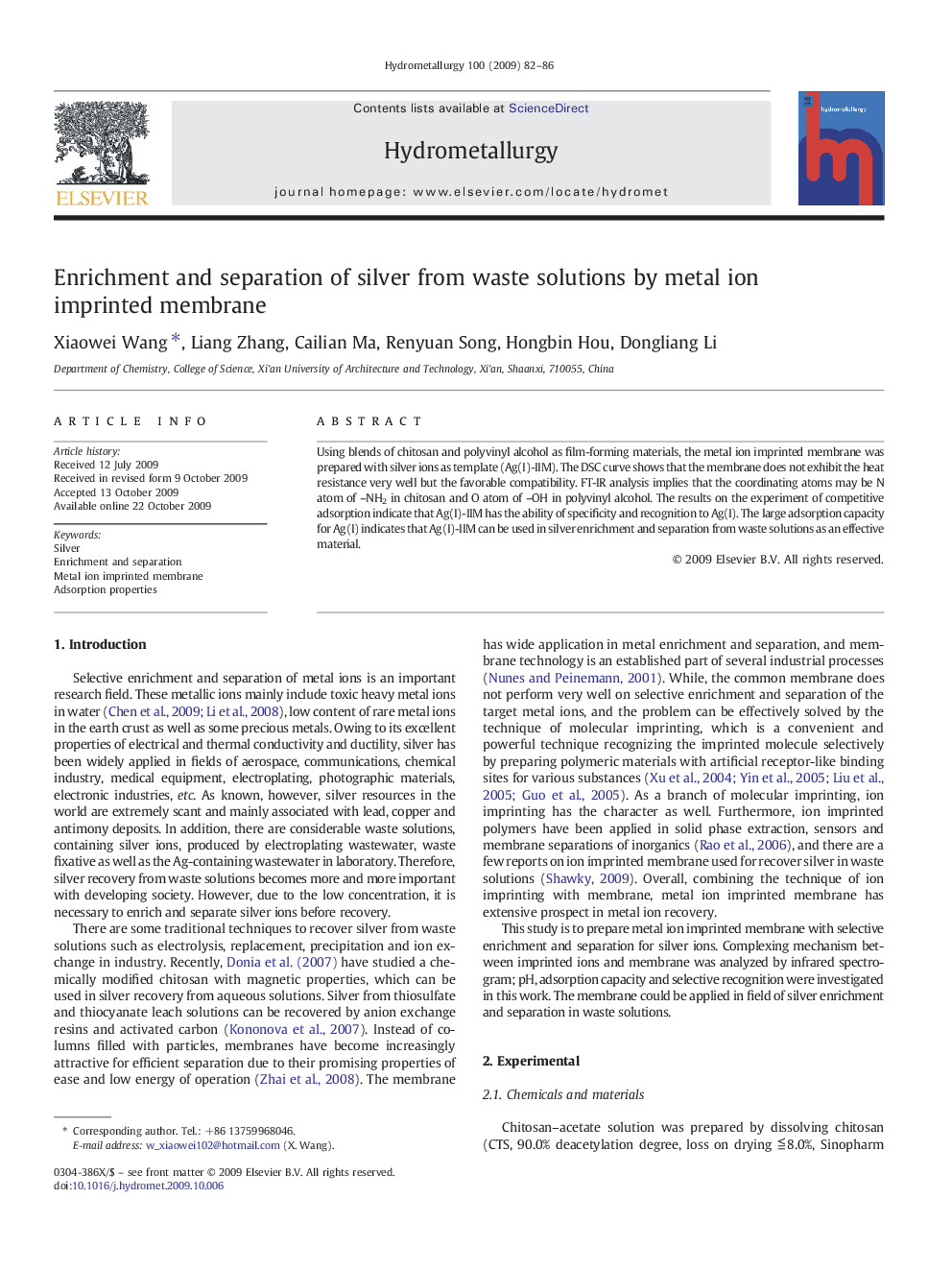 Enrichment and separation of silver from waste solutions by metal ion imprinted membrane