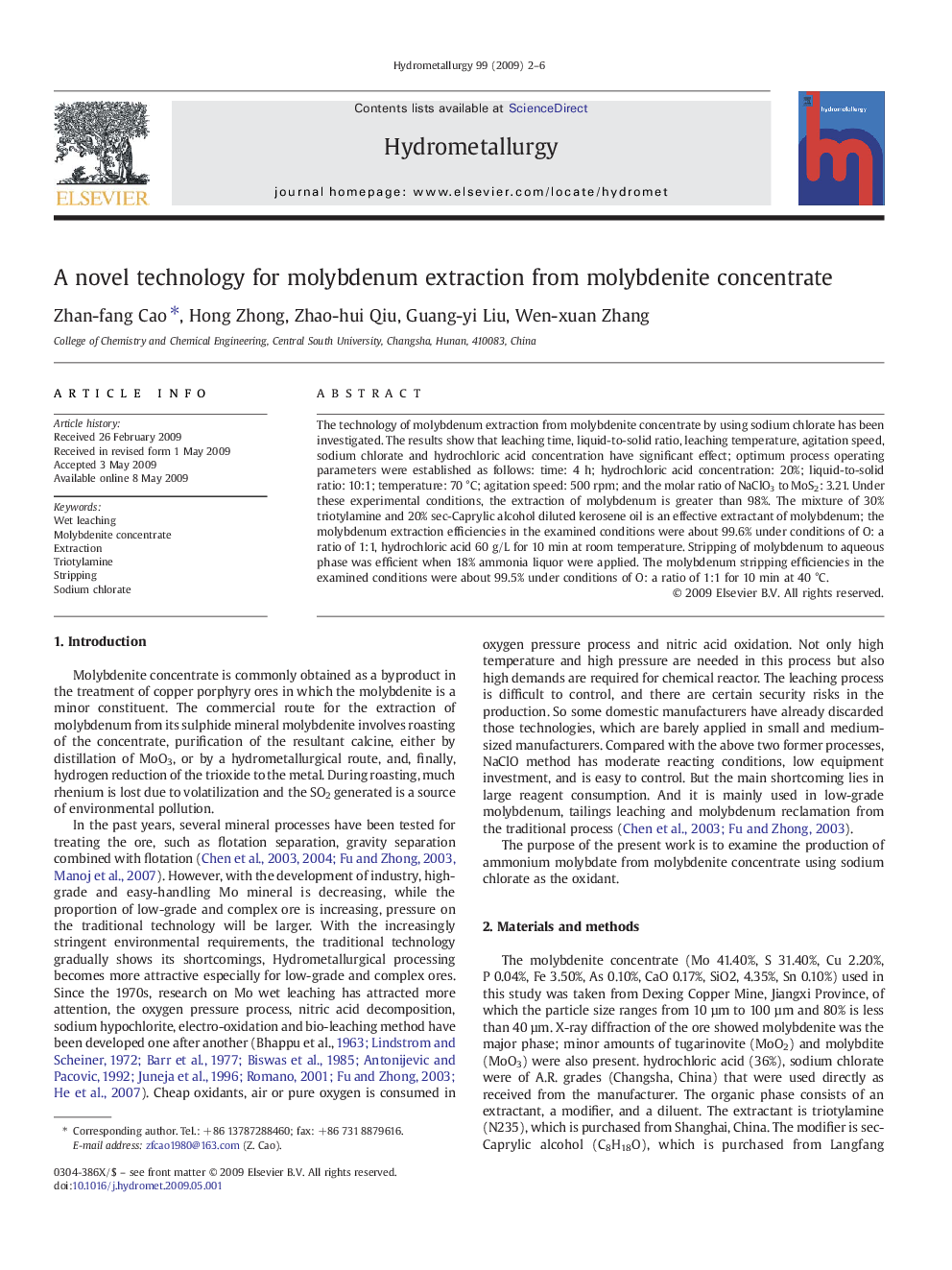 A novel technology for molybdenum extraction from molybdenite concentrate