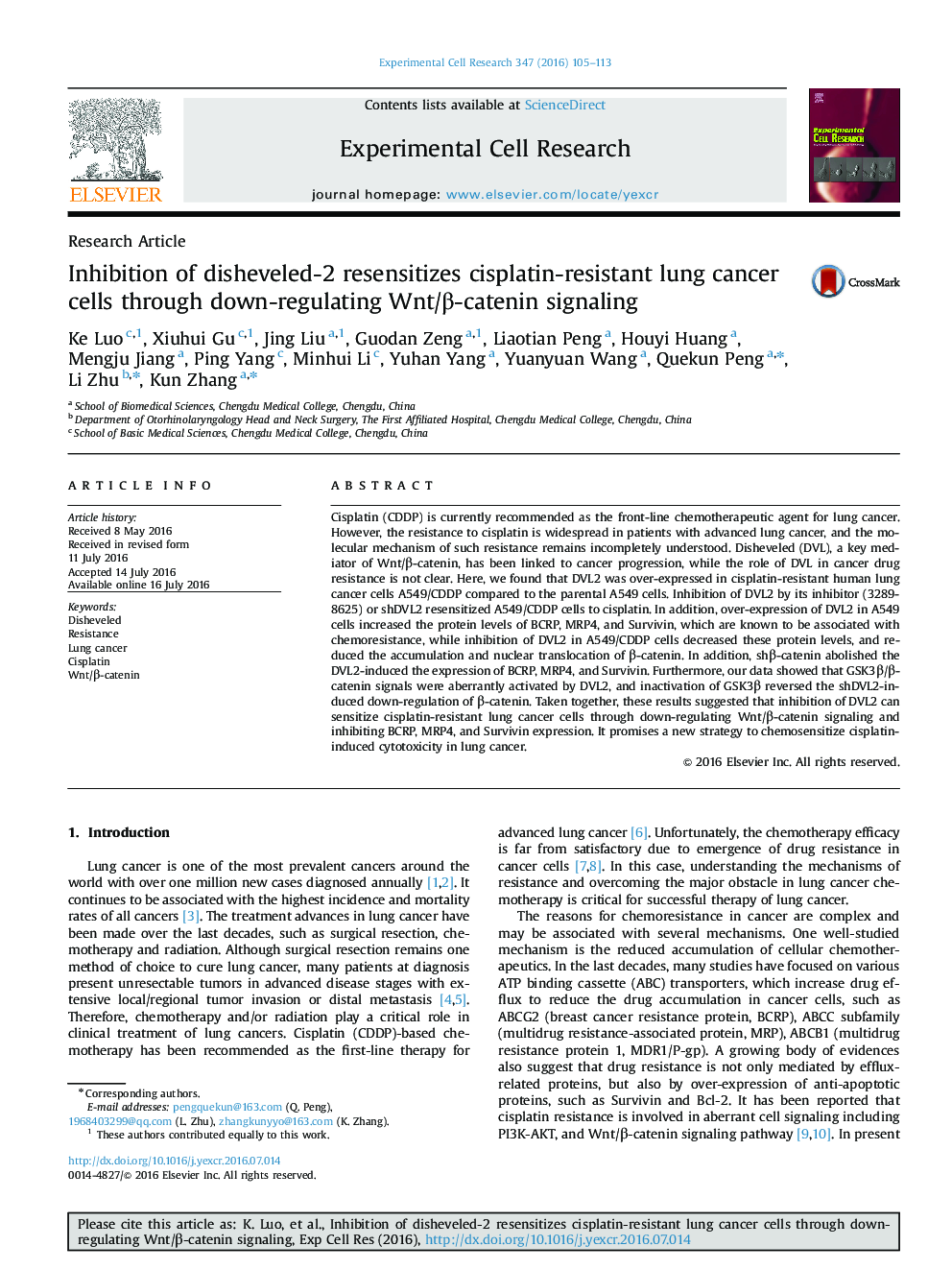 Inhibition of disheveled-2 resensitizes cisplatin-resistant lung cancer cells through down-regulating Wnt/Î²-catenin signaling