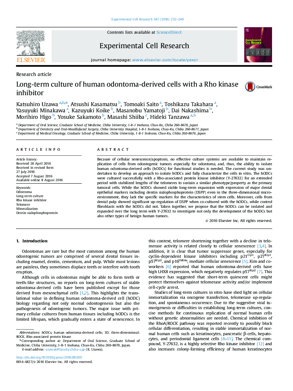 Long-term culture of human odontoma-derived cells with a Rho kinase inhibitor