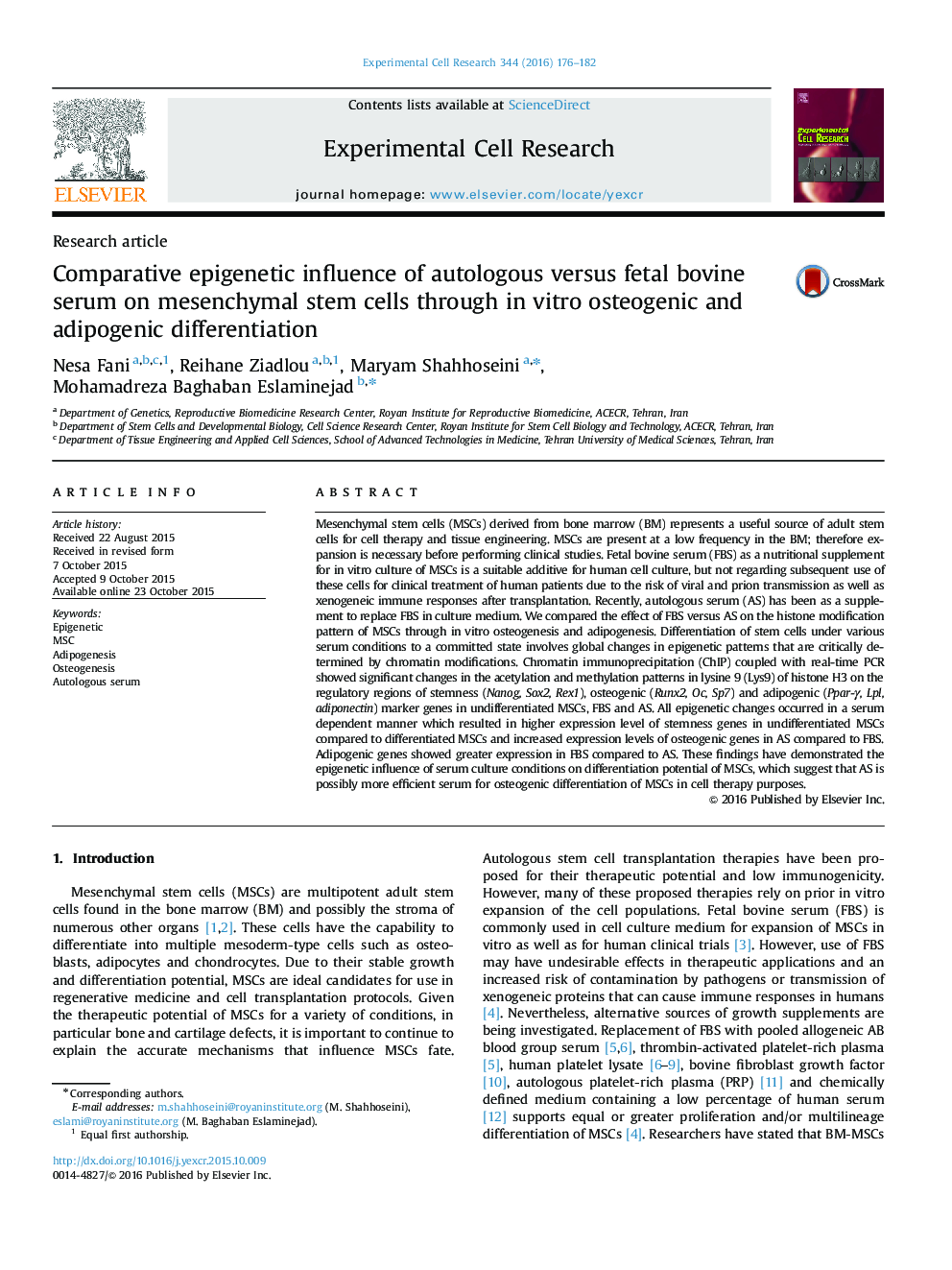 Comparative epigenetic influence of autologous versus fetal bovine serum on mesenchymal stem cells through in vitro osteogenic and adipogenic differentiation