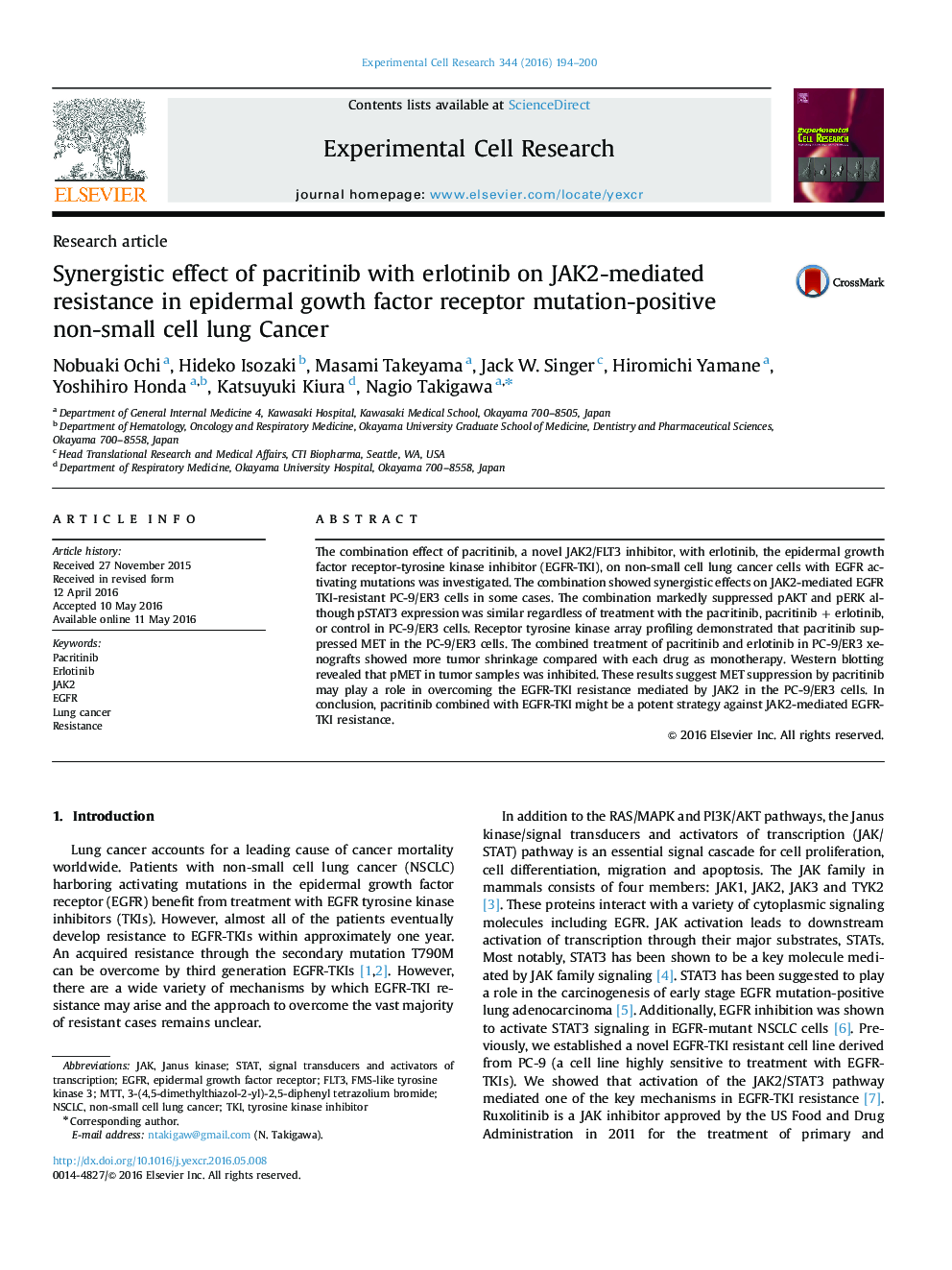 Synergistic effect of pacritinib with erlotinib on JAK2-mediated resistance in epidermal gowth factor receptor mutation-positive non-small cell lung Cancer