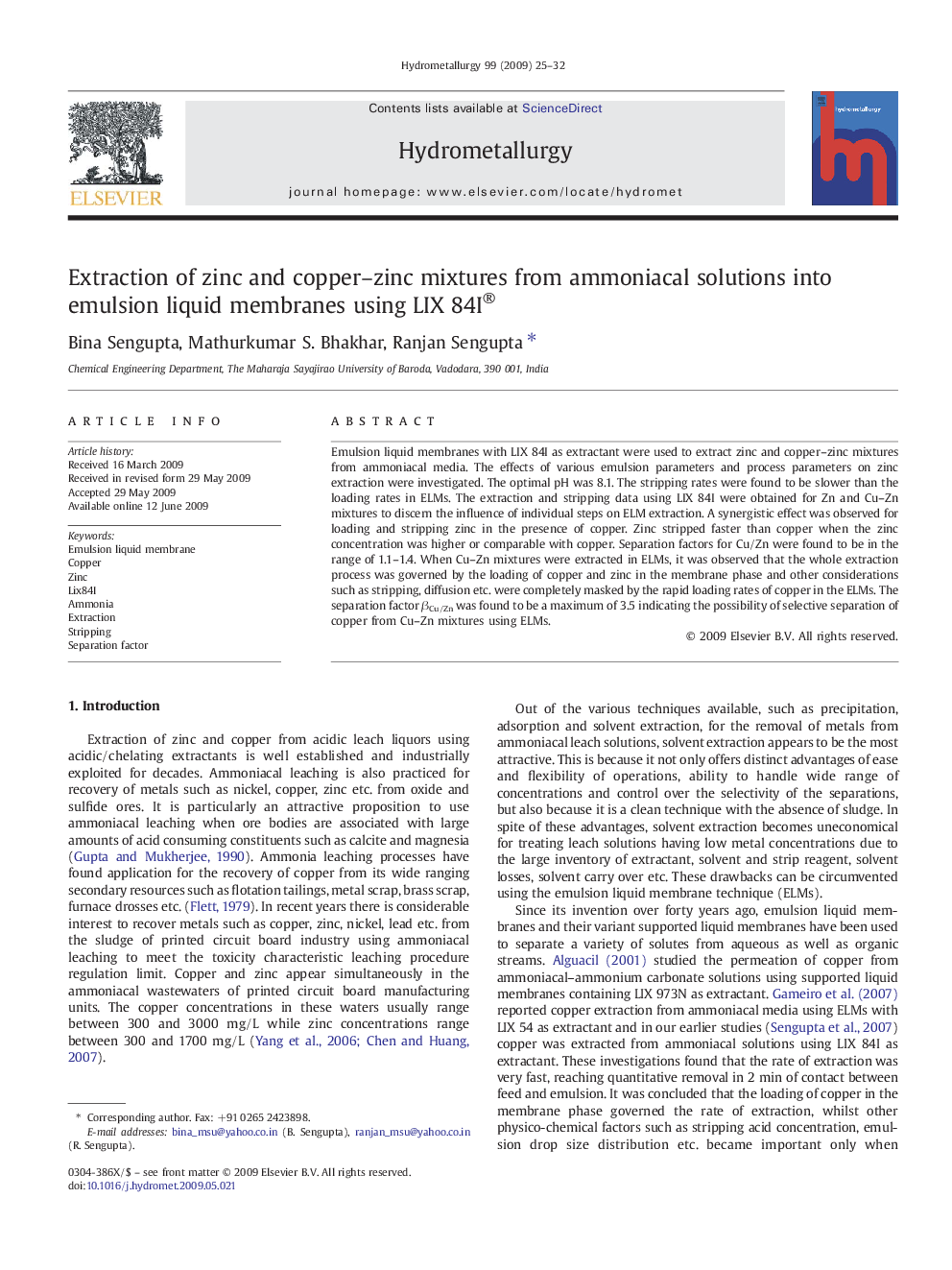 Extraction of zinc and copper–zinc mixtures from ammoniacal solutions into emulsion liquid membranes using LIX 84I®