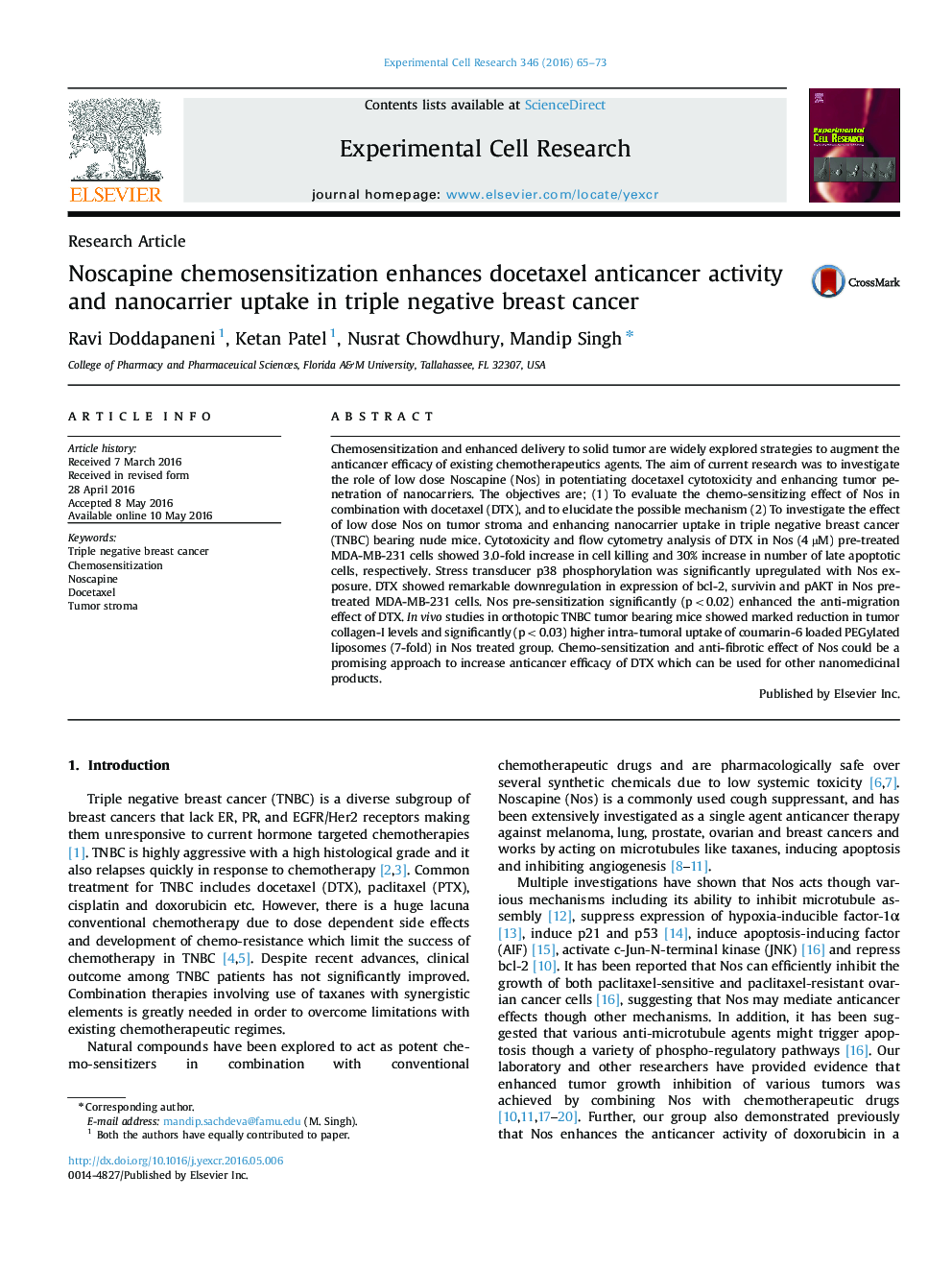 Noscapine chemosensitization enhances docetaxel anticancer activity and nanocarrier uptake in triple negative breast cancer