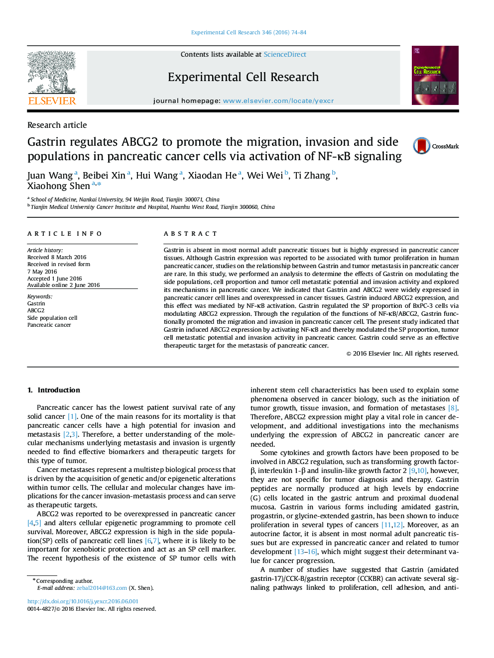 Gastrin regulates ABCG2 to promote the migration, invasion and side populations in pancreatic cancer cells via activation of NF-ÎºB signaling