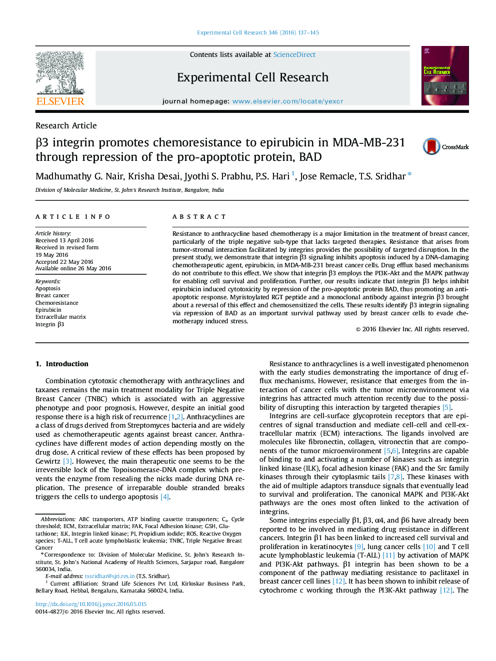 β3 integrin promotes chemoresistance to epirubicin in MDA-MB-231 through repression of the pro-apoptotic protein, BAD