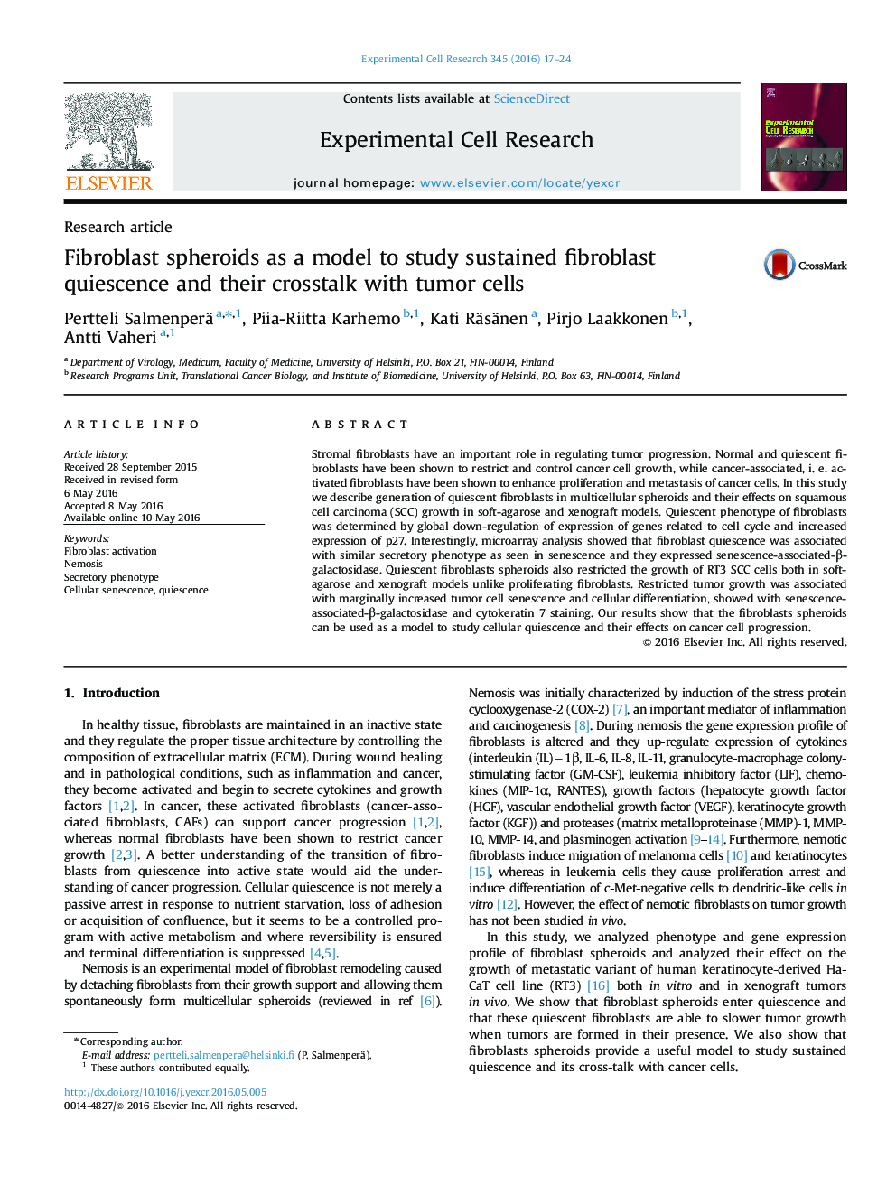 Fibroblast spheroids as a model to study sustained fibroblast quiescence and their crosstalk with tumor cells