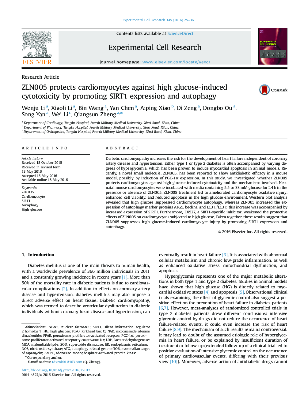 ZLN005 protects cardiomyocytes against high glucose-induced cytotoxicity by promoting SIRT1 expression and autophagy