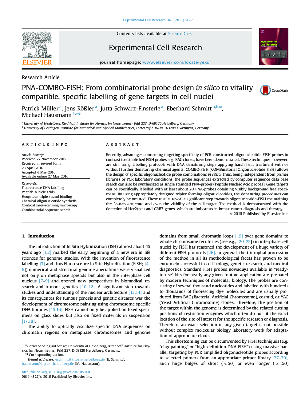 PNA-COMBO-FISH: From combinatorial probe design in silico to vitality compatible, specific labelling of gene targets in cell nuclei