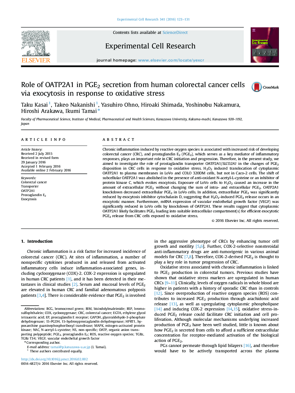 Role of OATP2A1 in PGE2 secretion from human colorectal cancer cells via exocytosis in response to oxidative stress