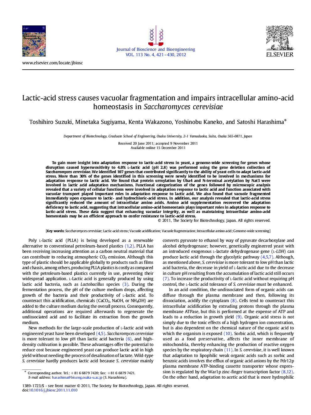 Lactic-acid stress causes vacuolar fragmentation and impairs intracellular amino-acid homeostasis in Saccharomyces cerevisiae