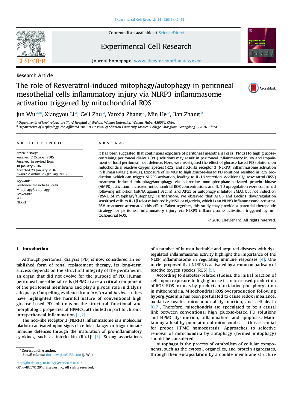 The role of Resveratrol-induced mitophagy/autophagy in peritoneal mesothelial cells inflammatory injury via NLRP3 inflammasome activation triggered by mitochondrial ROS