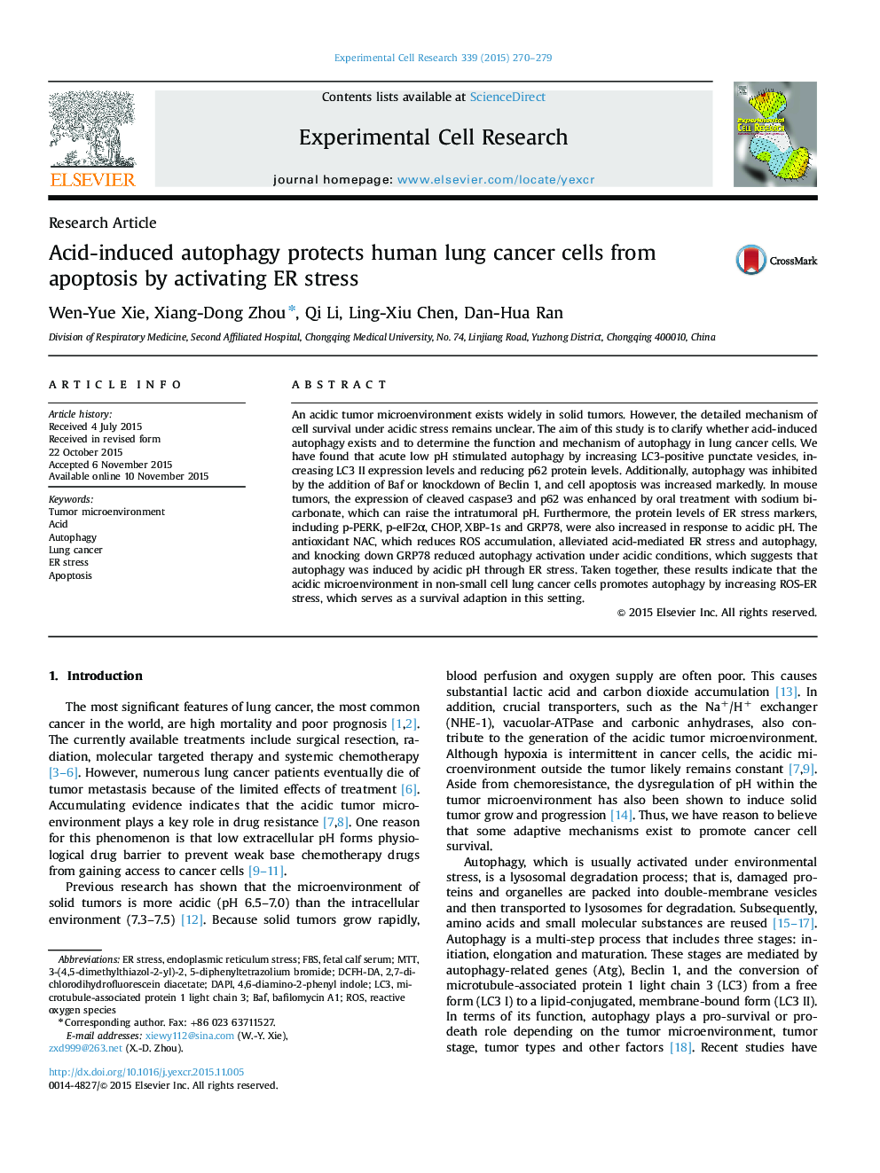 Acid-induced autophagy protects human lung cancer cells from apoptosis by activating ER stress