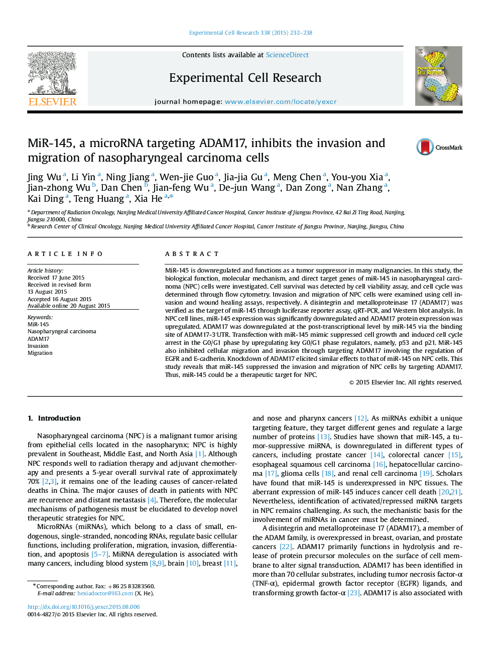 MiR-145, a microRNA targeting ADAM17, inhibits the invasion and migration of nasopharyngeal carcinoma cells