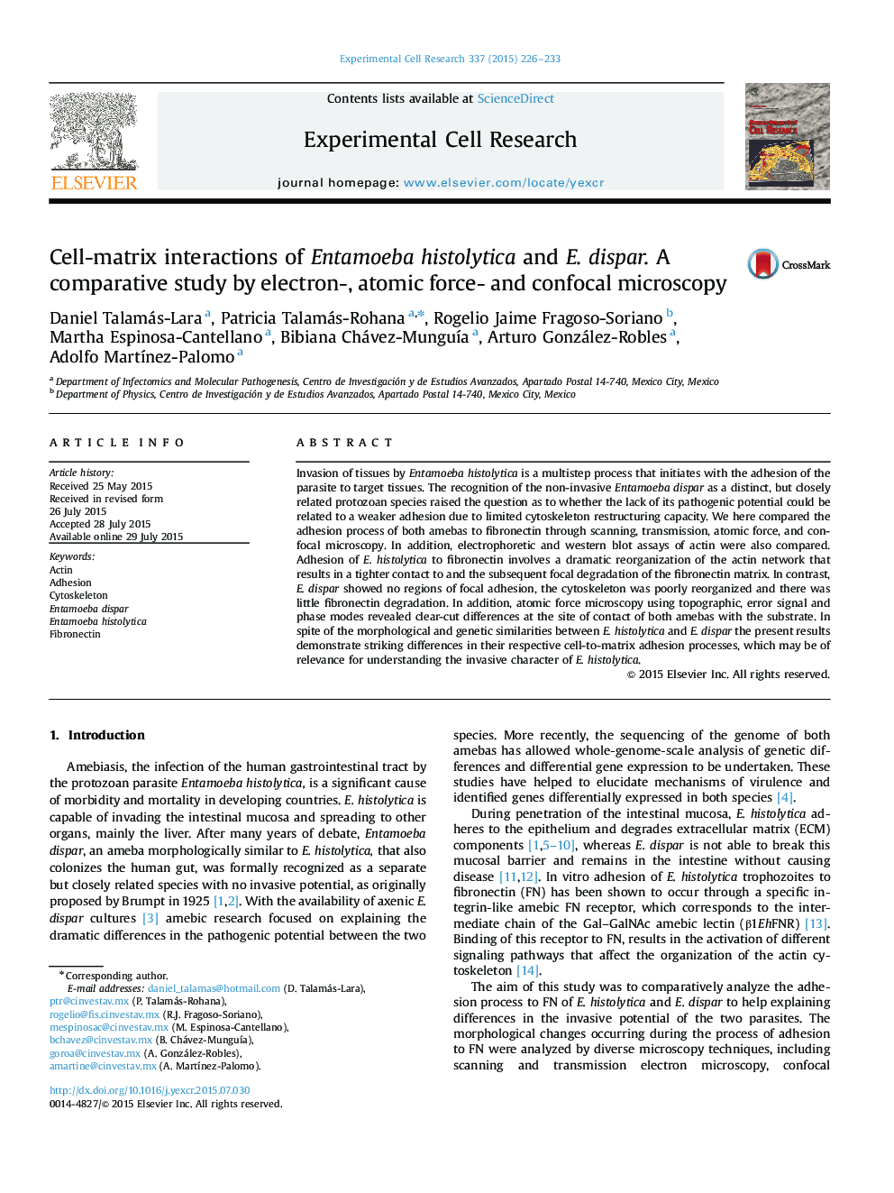 Cell-matrix interactions of Entamoeba histolytica and E. dispar. A comparative study by electron-, atomic force- and confocal microscopy