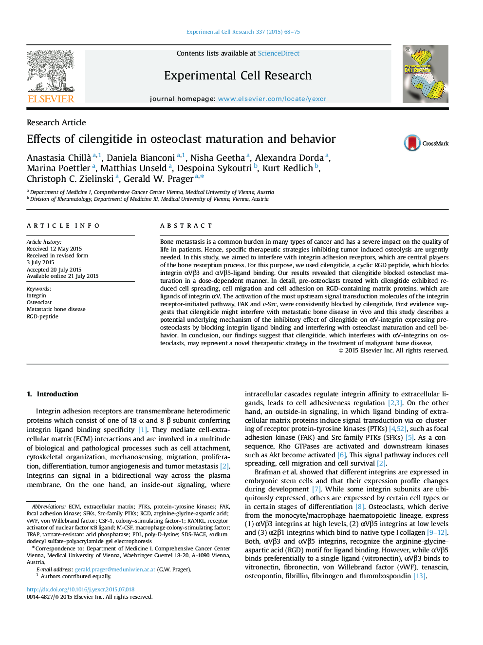 Effects of cilengitide in osteoclast maturation and behavior