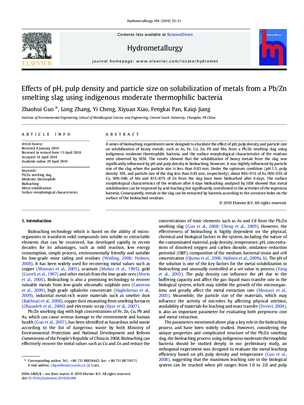 Effects of pH, pulp density and particle size on solubilization of metals from a Pb/Zn smelting slag using indigenous moderate thermophilic bacteria