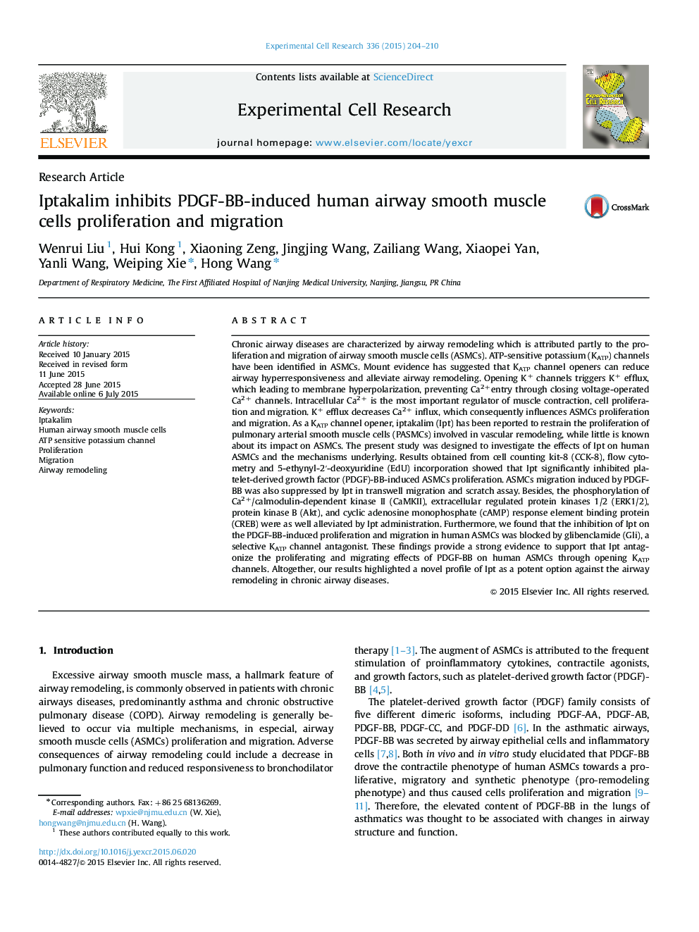 Iptakalim inhibits PDGF-BB-induced human airway smooth muscle cells proliferation and migration