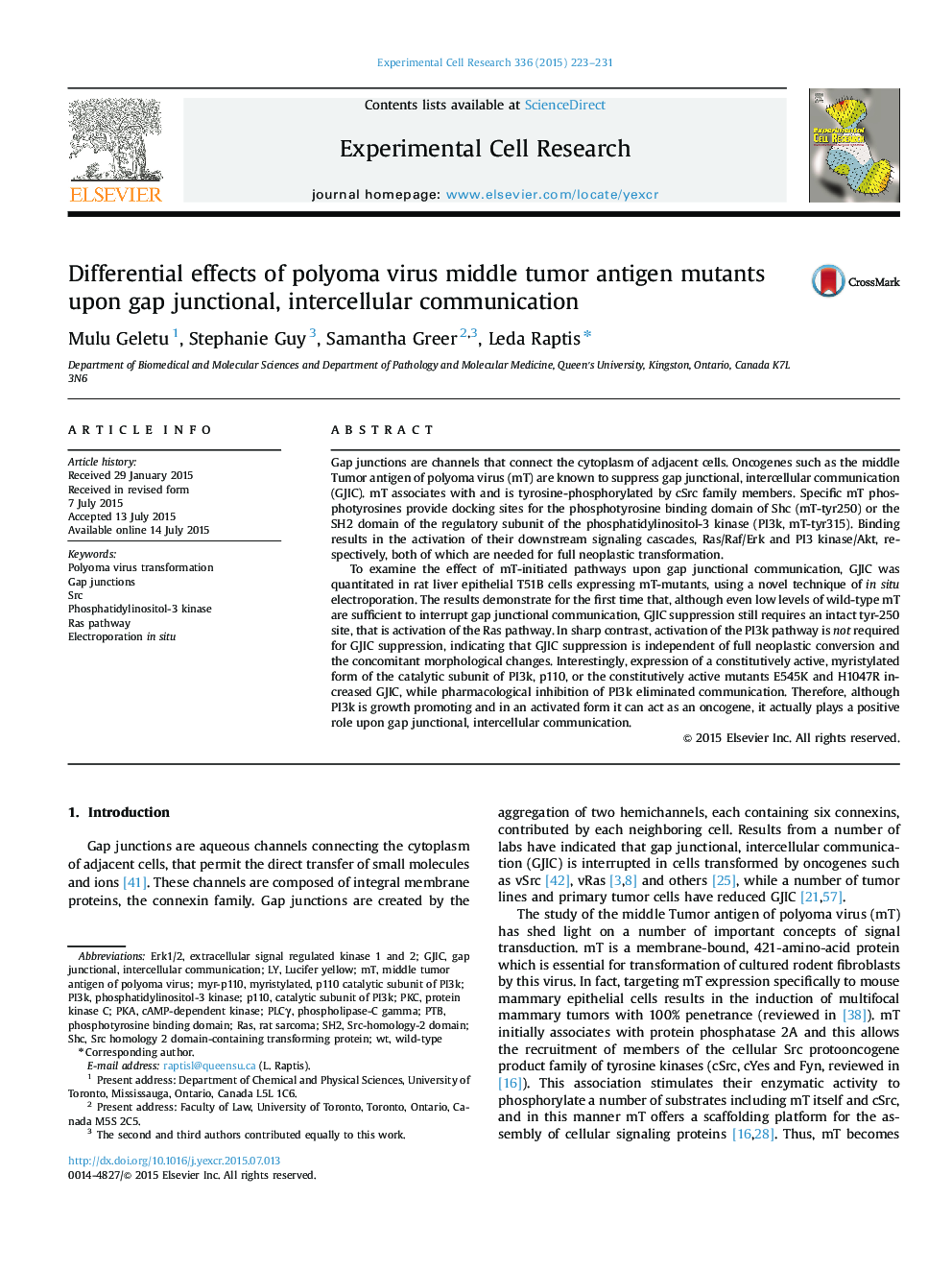 Differential effects of polyoma virus middle tumor antigen mutants upon gap junctional, intercellular communication