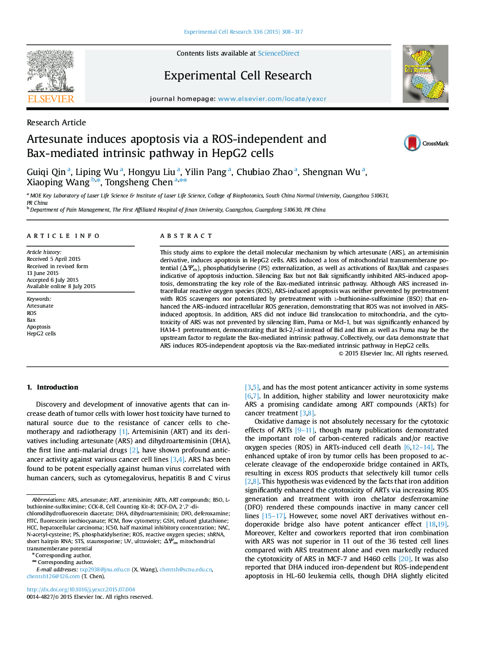 Artesunate induces apoptosis via a ROS-independent and Bax-mediated intrinsic pathway in HepG2 cells