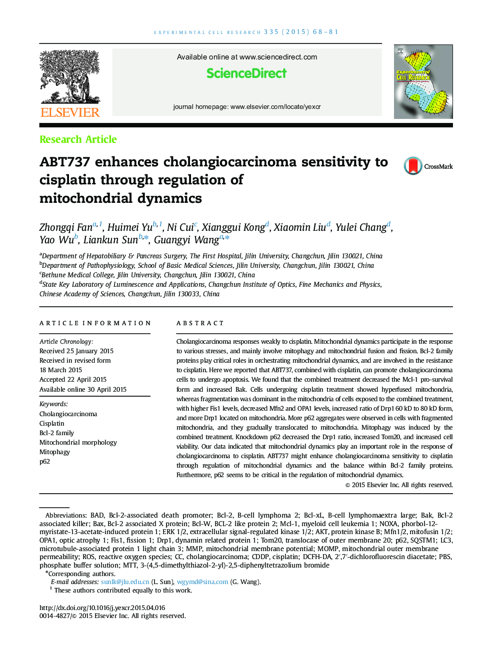 ABT737 enhances cholangiocarcinoma sensitivity to cisplatin through regulation of mitochondrial dynamics