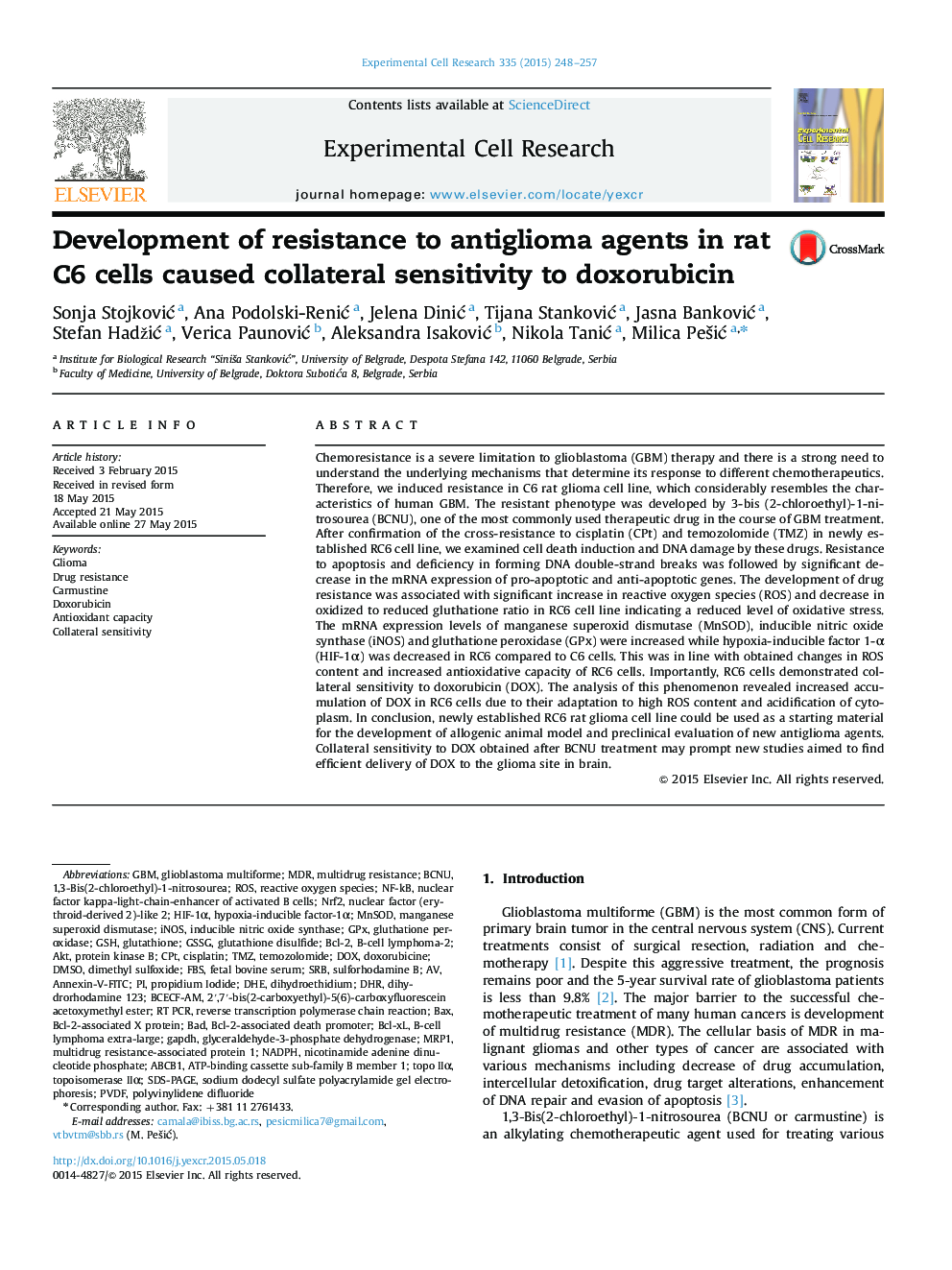 Development of resistance to antiglioma agents in rat C6 cells caused collateral sensitivity to doxorubicin