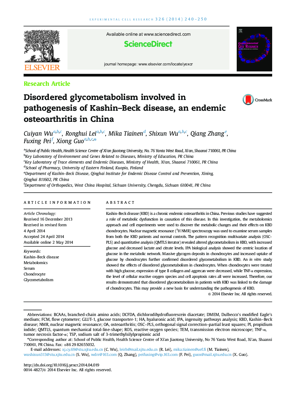 Disordered glycometabolism involved in pathogenesis of Kashin-Beck disease, an endemic osteoarthritis in China