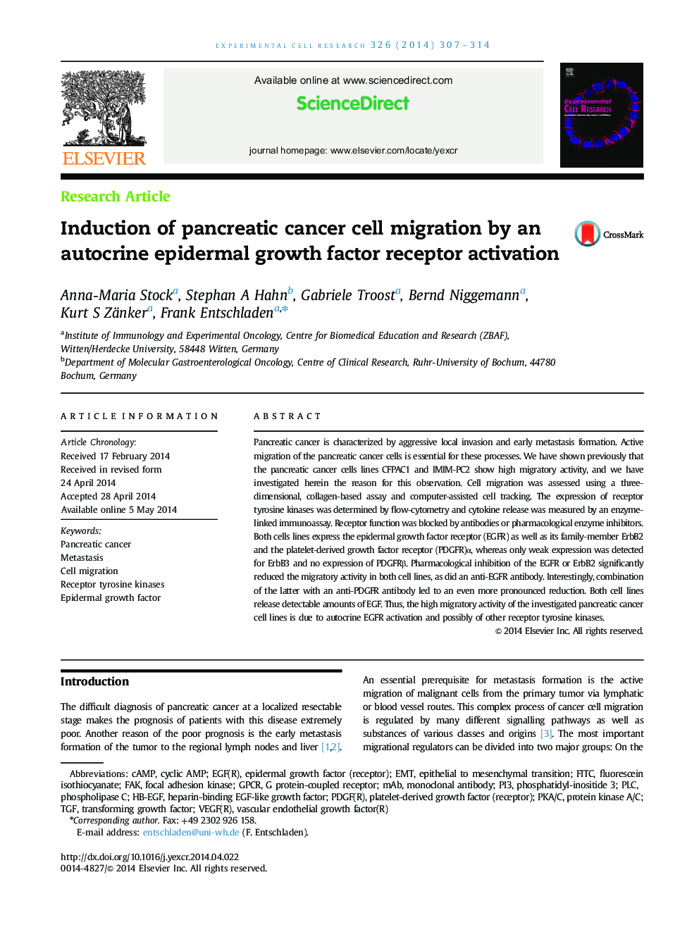 Induction of pancreatic cancer cell migration by an autocrine epidermal growth factor receptor activation