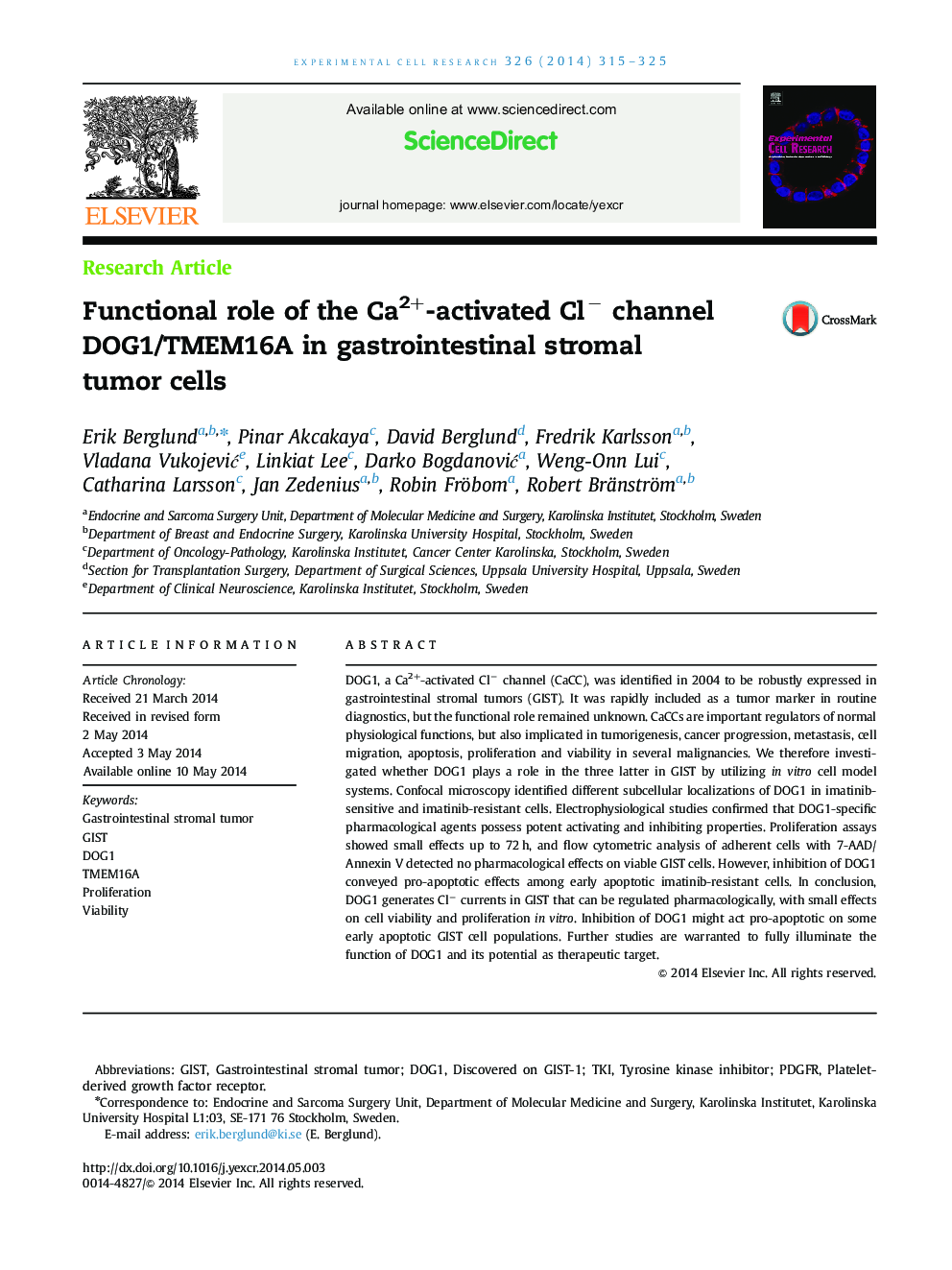 Functional role of the Ca2+-activated Cl− channel DOG1/TMEM16A in gastrointestinal stromal tumor cells