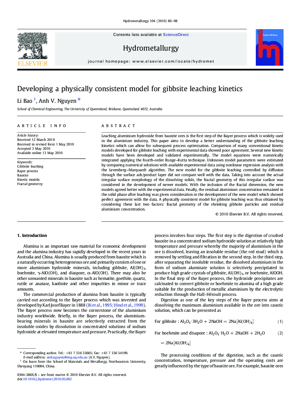 Developing a physically consistent model for gibbsite leaching kinetics