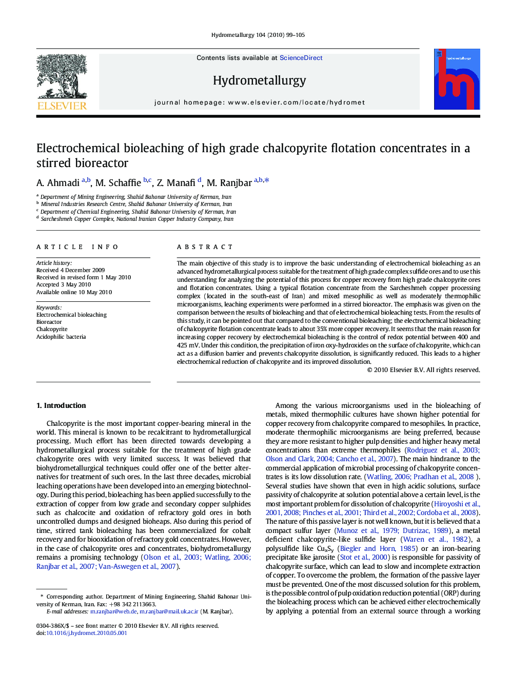 Electrochemical bioleaching of high grade chalcopyrite flotation concentrates in a stirred bioreactor