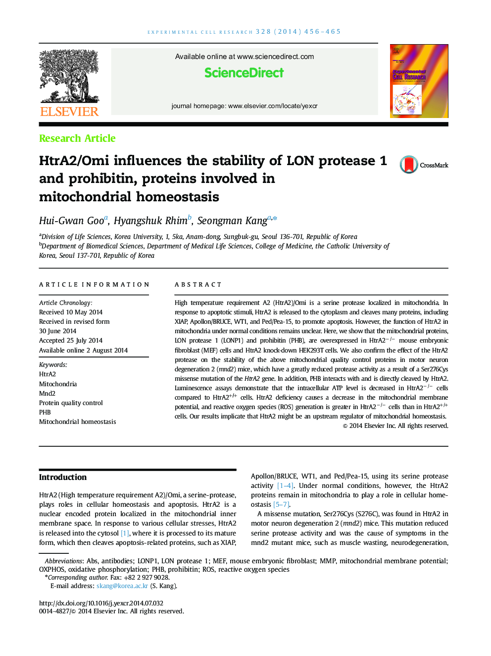 HtrA2/Omi influences the stability of LON protease 1 and prohibitin, proteins involved in mitochondrial homeostasis