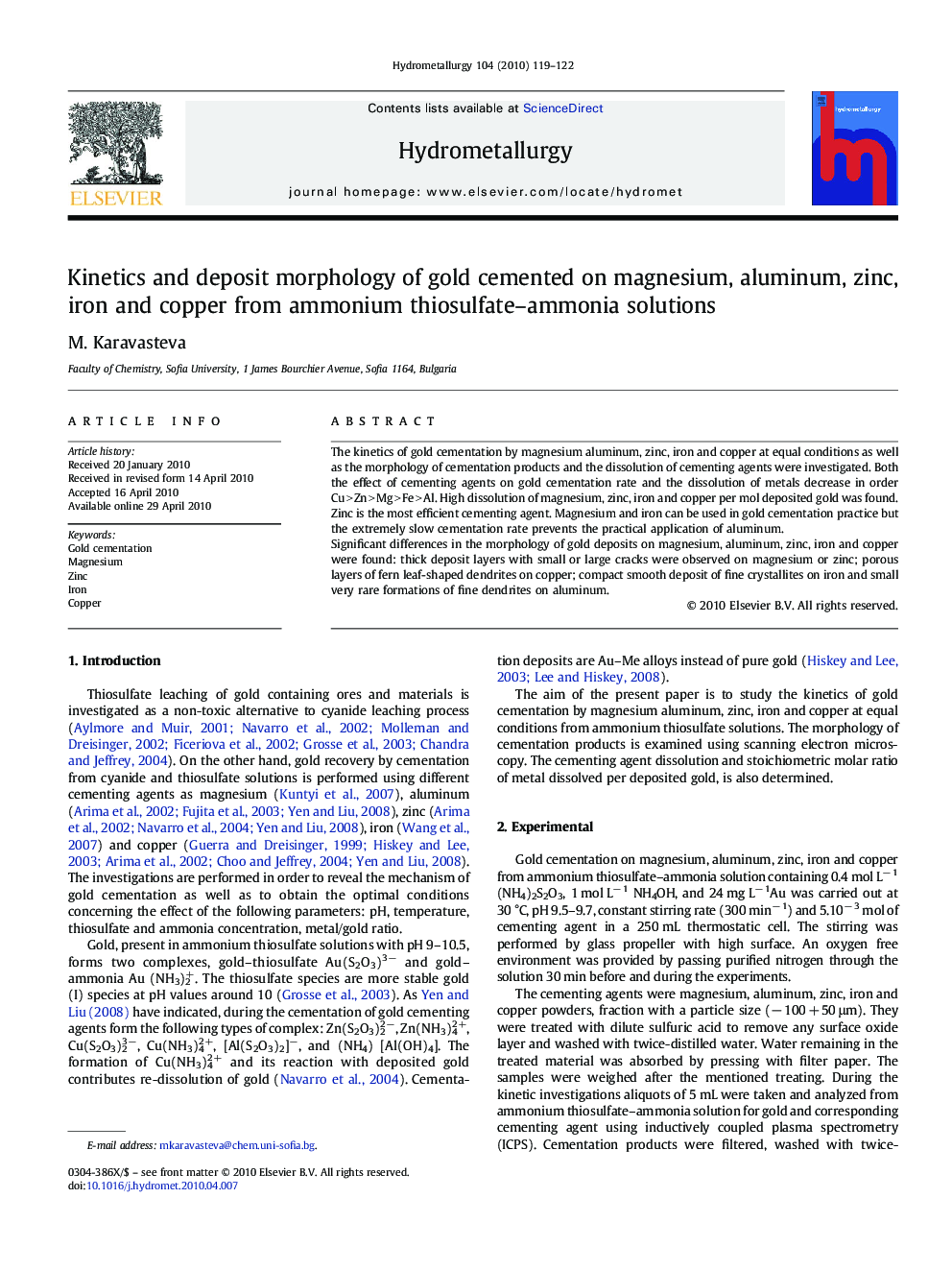 عکس صفحه اول مقاله: Kinetics and deposit morphology of gold cemented on magnesium, aluminum, zinc, iron and copper from ammonium thiosulfate–ammonia solutions Kinetics and deposit morphology of gold cemented on magnesium, aluminum, zinc, iron and copper from ammonium thiosulfate–ammonia solutions