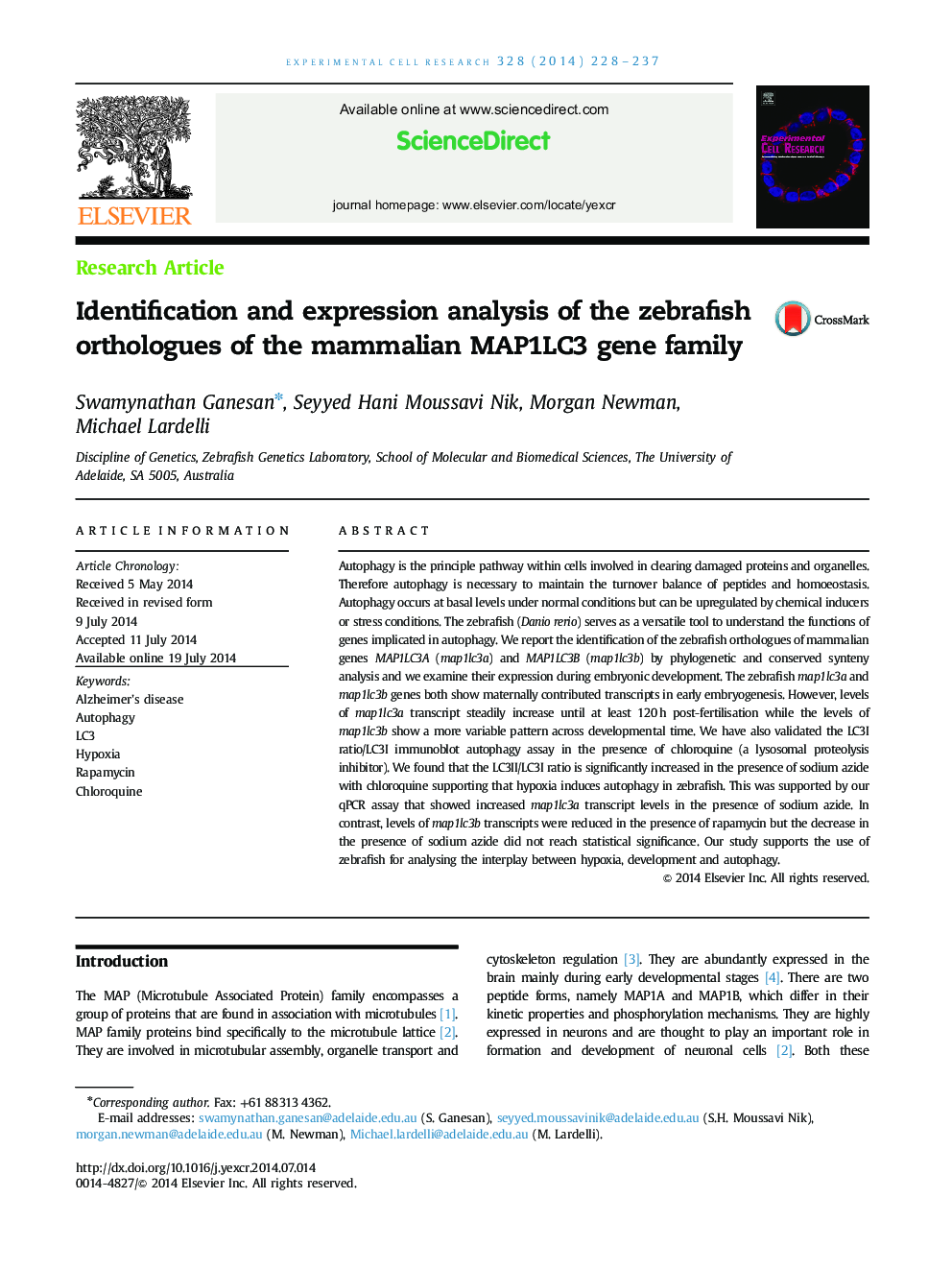 Identification and expression analysis of the zebrafish orthologues of the mammalian MAP1LC3 gene family