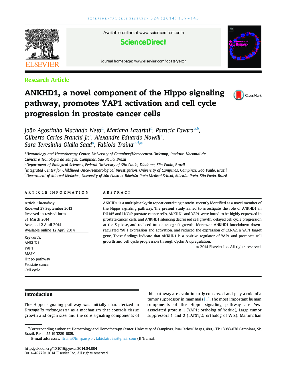 ANKHD1, a novel component of the Hippo signaling pathway, promotes YAP1 activation and cell cycle progression in prostate cancer cells