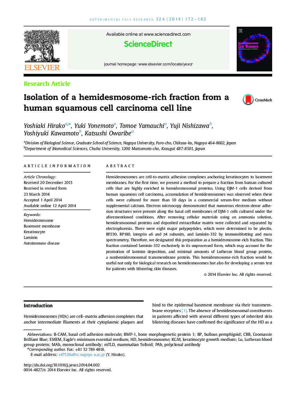 Isolation of a hemidesmosome-rich fraction from a human squamous cell carcinoma cell line