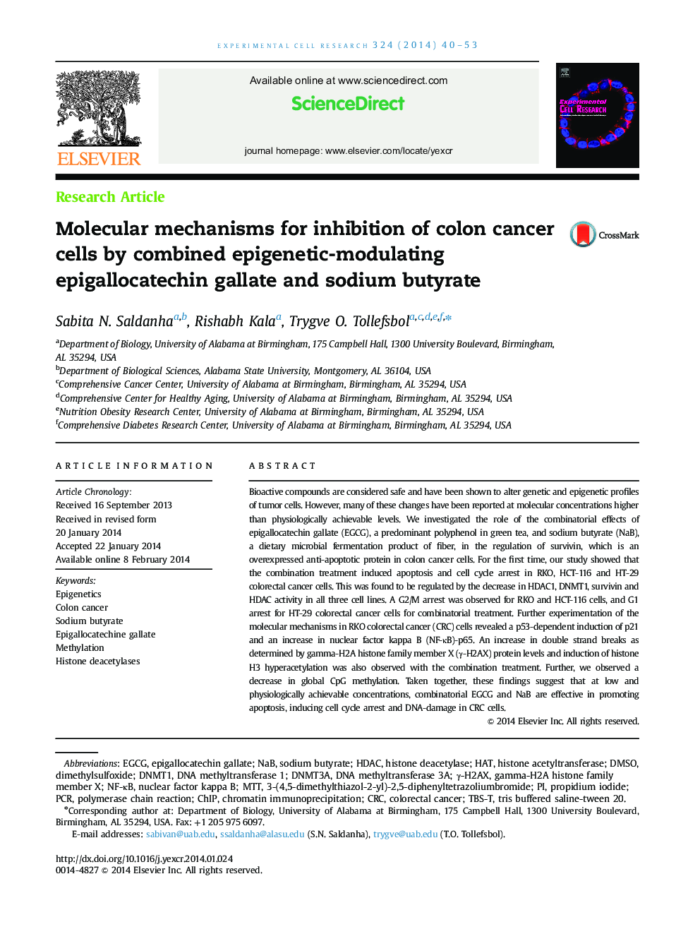 Molecular mechanisms for inhibition of colon cancer cells by combined epigenetic-modulating epigallocatechin gallate and sodium butyrate