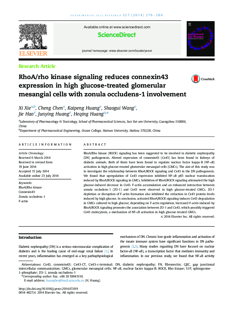 RhoA/rho kinase signaling reduces connexin43 expression in high glucose-treated glomerular mesangial cells with zonula occludens-1 involvement