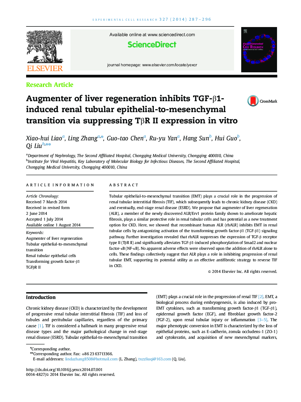 Augmenter of liver regeneration inhibits TGF-Î²1-induced renal tubular epithelial-to-mesenchymal transition via suppressing TÎ²R II expression in vitro