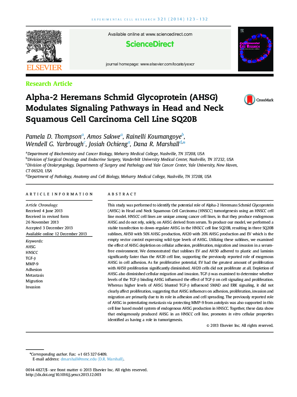 Alpha-2 Heremans Schmid Glycoprotein (AHSG) Modulates Signaling Pathways in Head and Neck Squamous Cell Carcinoma Cell Line SQ20B