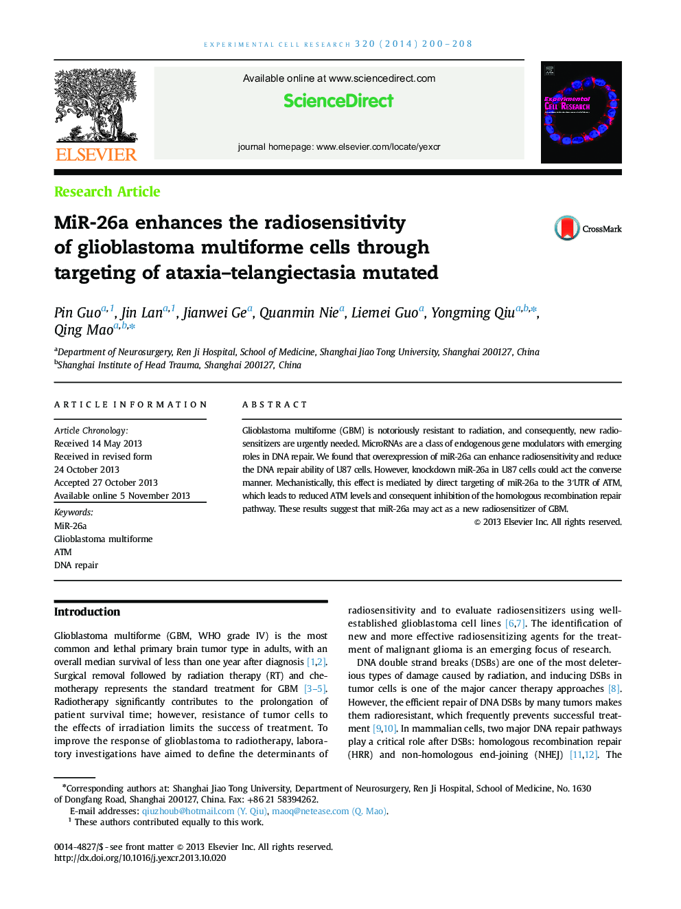 MiR-26a enhances the radiosensitivity of glioblastoma multiforme cells through targeting of ataxia–telangiectasia mutated