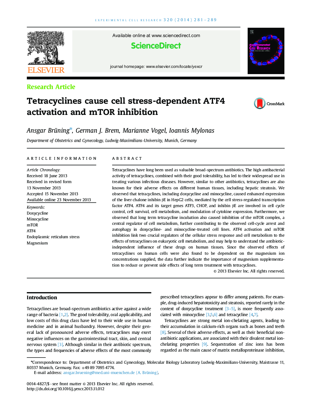 Tetracyclines cause cell stress-dependent ATF4 activation and mTOR inhibition