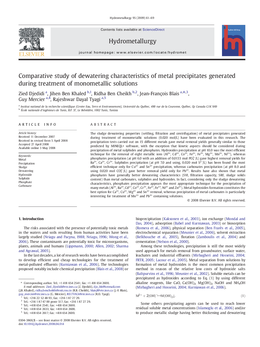 Comparative study of dewatering characteristics of metal precipitates generated during treatment of monometallic solutions