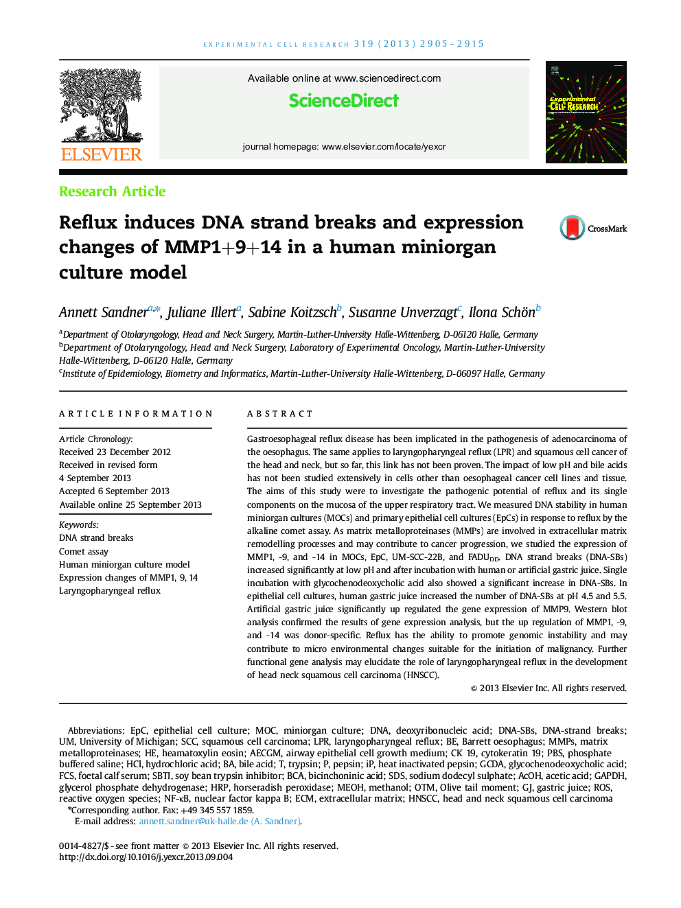 Reflux induces DNA strand breaks and expression changes of MMP1+9+14 in a human miniorgan culture model