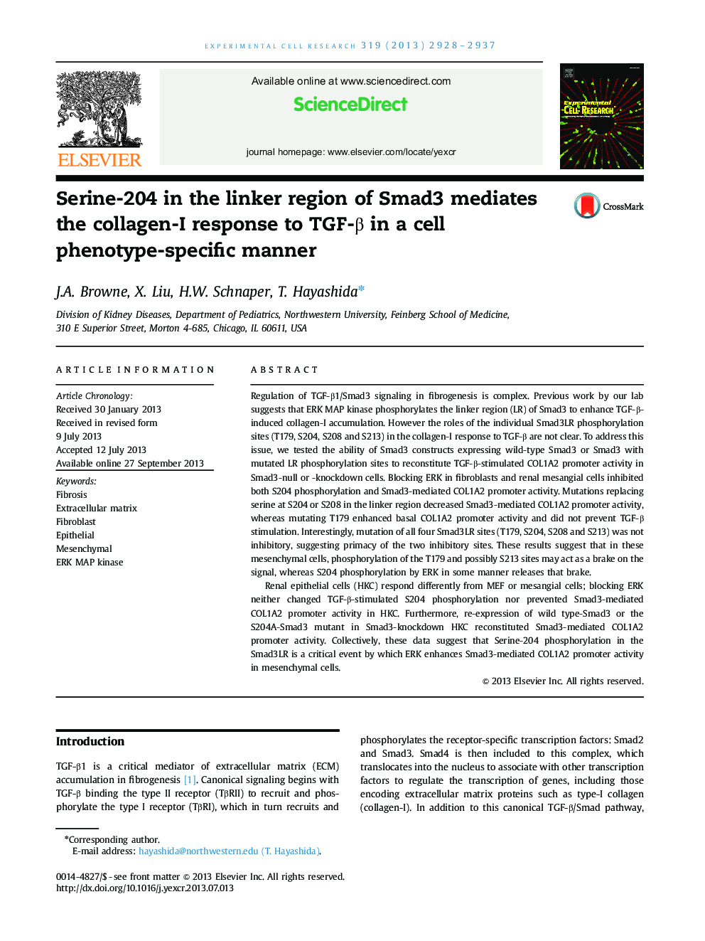 Serine-204 in the linker region of Smad3 mediates the collagen-I response to TGF-β in a cell phenotype-specific manner