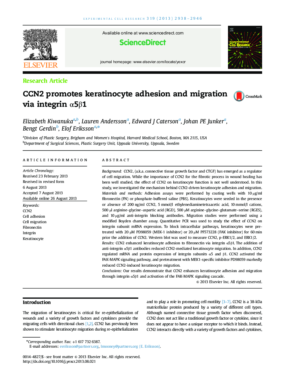 CCN2 promotes keratinocyte adhesion and migration via integrin α5β1