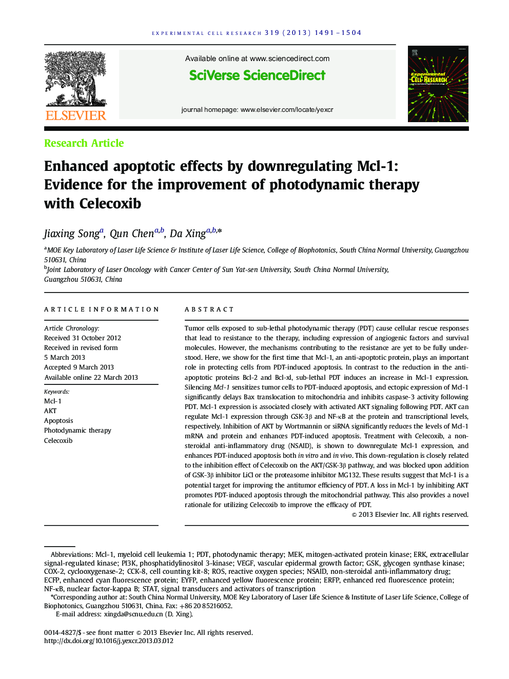 Enhanced apoptotic effects by downregulating Mcl-1: Evidence for the improvement of photodynamic therapy with Celecoxib